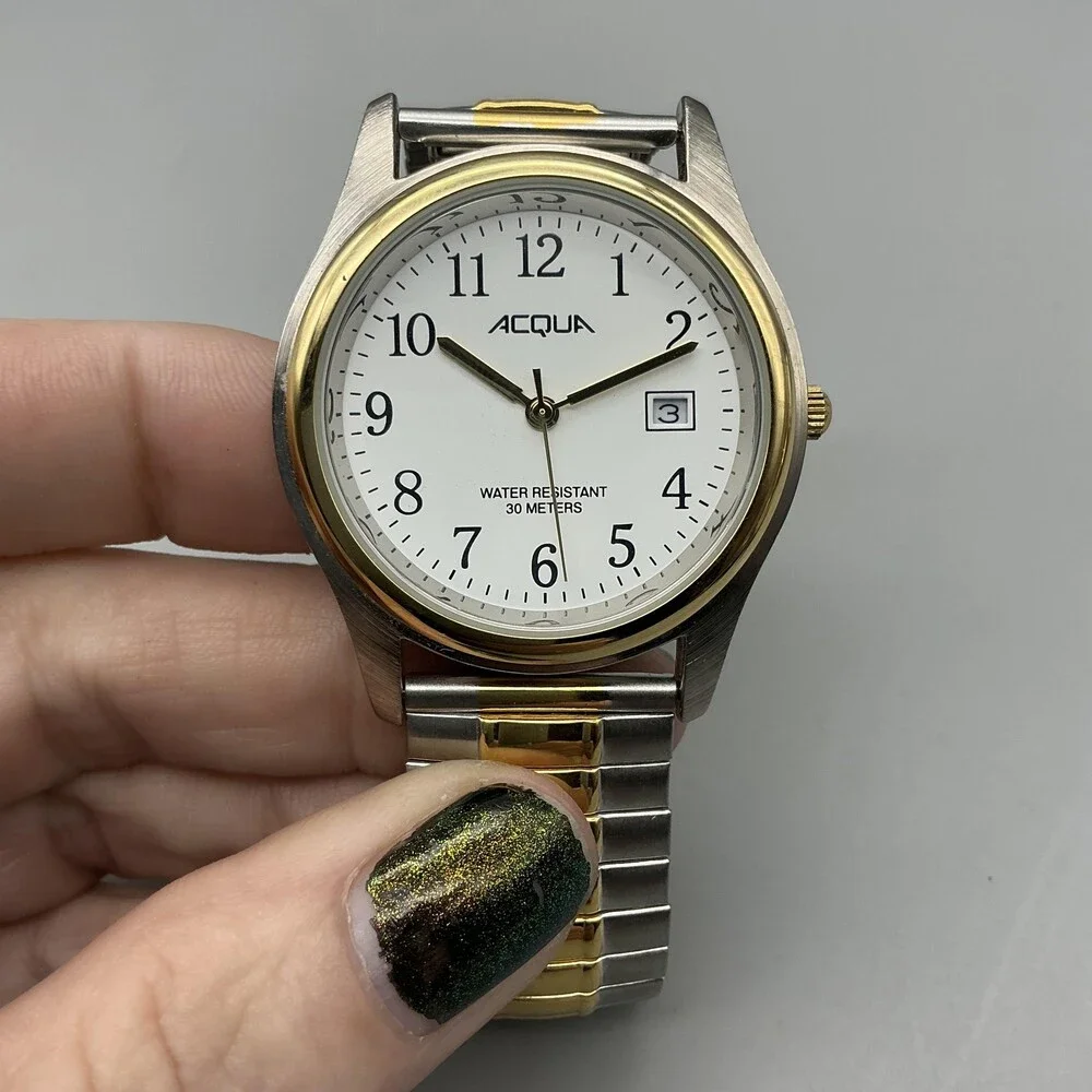 Acqua Mens Watch 38mm White Dial Two Tone Expansion Band Date 30M New Battery